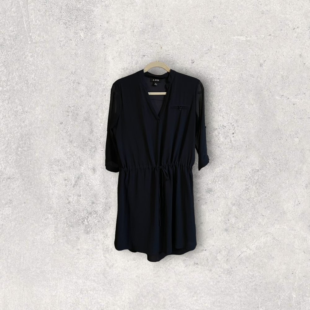 A. Byer Navy Blue Sheer Lined Dress Size Medium M